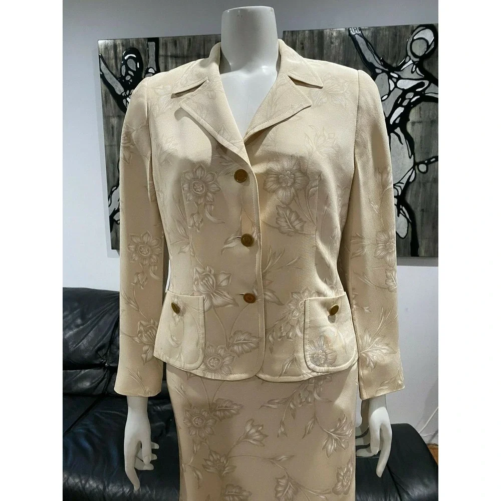 ESCADA MARGARETHA LEY VINTAGE SILK FLORAL BEIGE JACKET SKIRT SUIT 38 8 🌸